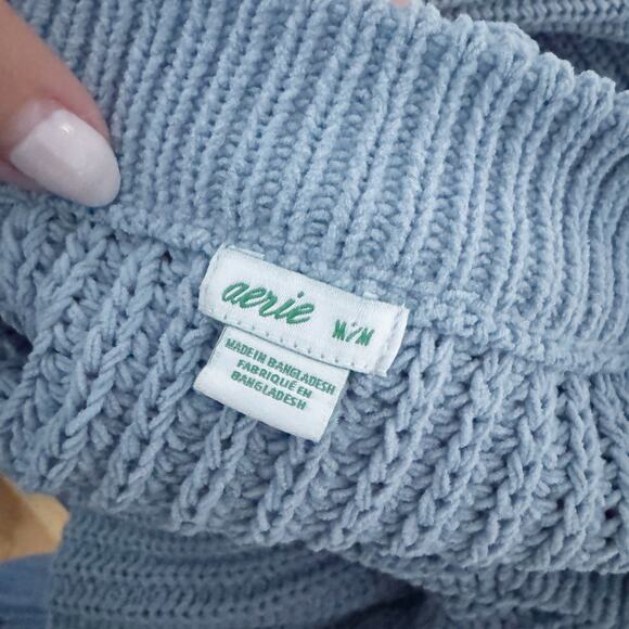 AERIE Chunky Oversized Knit Ribbed Crewneck Sweater Dusty Blue Medium M - Picture 8 of 9